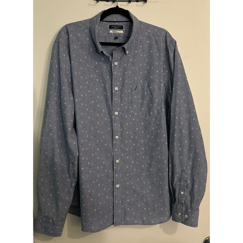 Nautica Mens XXL Slim Fit Flex‎ Wrinkle Resistant Blue White Pinstripe Anchors